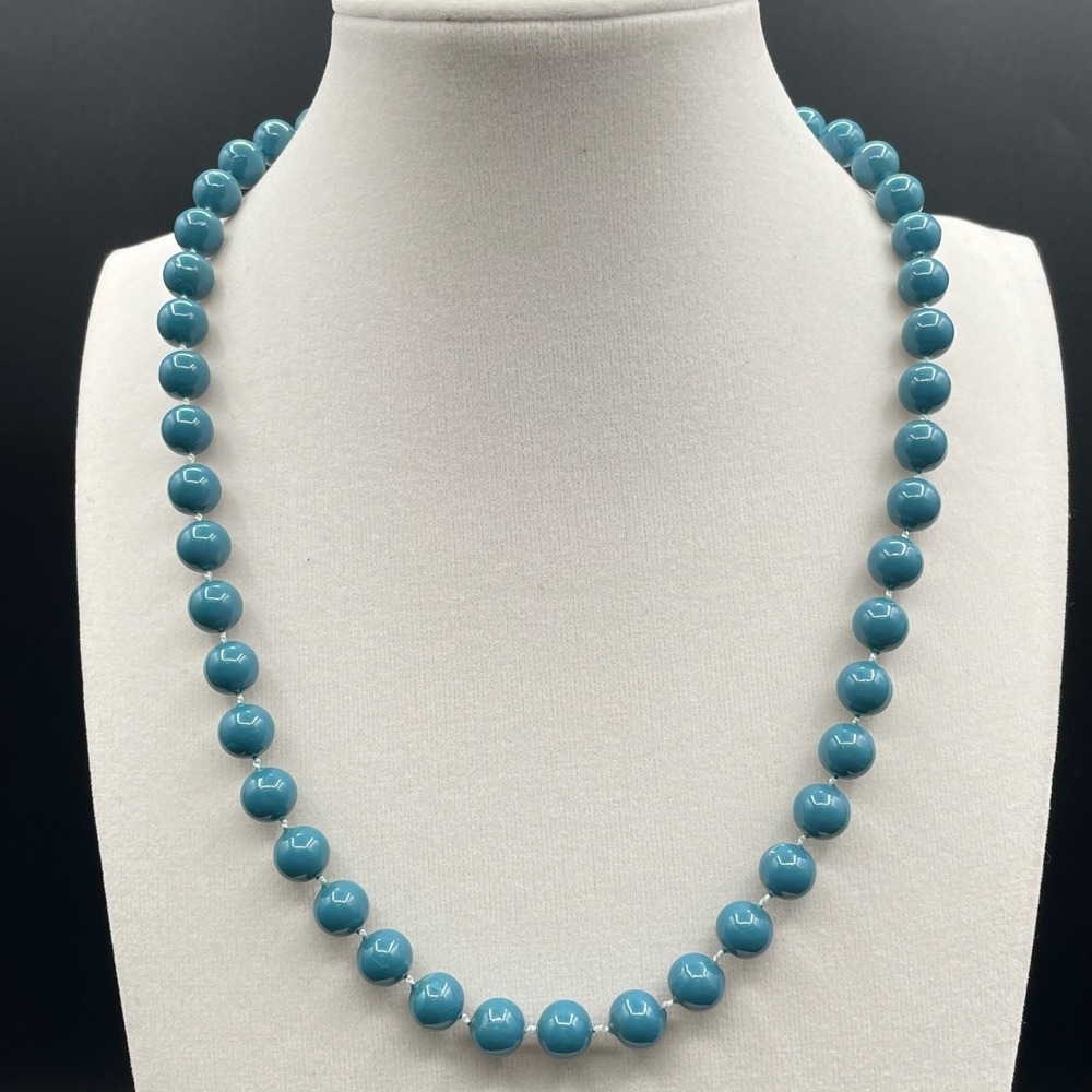 Vintage Teal Blue Glass Beaded Necklace 18" Single Strand Round Beads Minimalist